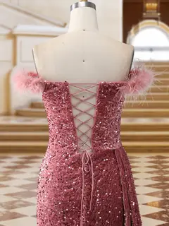 Sparkly Trumpet/Mermaid Strapless Sequined Long Evening Dresses with Split Side & Feather — view 4
