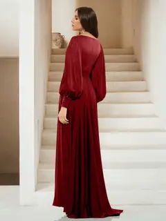 A-Line/Princess V-Neck Long Sleeves Satin Evening Dresses with Side Slit — view 2