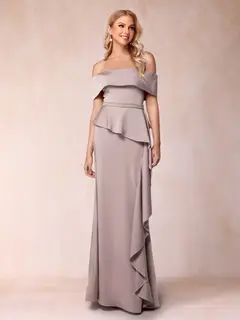 Sheath/Column Off-the-Shoulder Mother of the Bride Dresses with Rhinestone & Ruffles — view 1