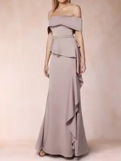 Sheath/Column Off-the-Shoulder Mother of the Bride Dresses with Rhinestone & Ruffles — view 3