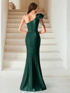 Sexy Sheath/Column One-Shoulder Evening Dresses with Side Slit & Flower — view 2