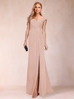Sheath/Column V-Neck Ruched Mother of the Bride Dresses with Appliques & Split Side — view 4