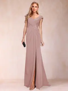 Sheath/Column V-Neck Ruched Mother of the Bride Dresses with Appliques & Split Side — view 10
