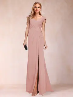 Sheath/Column V-Neck Ruched Mother of the Bride Dresses with Appliques & Split Side — view 11