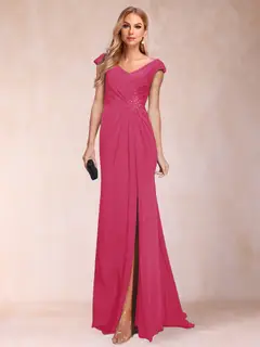 Sheath/Column V-Neck Ruched Mother of the Bride Dresses with Appliques & Split Side — view 14