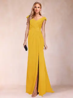 Sheath/Column V-Neck Ruched Mother of the Bride Dresses with Appliques & Split Side — view 15