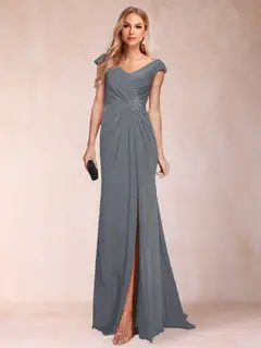 Sheath/Column V-Neck Ruched Mother of the Bride Dresses with Appliques & Split Side — view 16