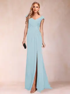 Sheath/Column V-Neck Ruched Mother of the Bride Dresses with Appliques & Split Side — view 18