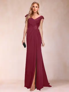 Sheath/Column V-Neck Ruched Mother of the Bride Dresses with Appliques & Split Side — view 19