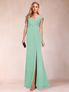 Sheath/Column V-Neck Ruched Mother of the Bride Dresses with Appliques & Split Side — view 24