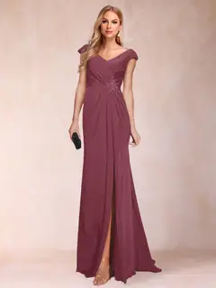 Sheath/Column V-Neck Ruched Mother of the Bride Dresses with Appliques & Split Side — view 26
