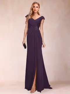 Sheath/Column V-Neck Ruched Mother of the Bride Dresses with Appliques & Split Side — view 31