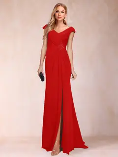 Sheath/Column V-Neck Ruched Mother of the Bride Dresses with Appliques & Split Side — view 32