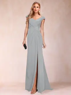 Sheath/Column V-Neck Ruched Mother of the Bride Dresses with Appliques & Split Side — view 35