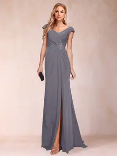 Sheath/Column V-Neck Ruched Mother of the Bride Dresses with Appliques & Split Side — view 36