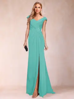 Sheath/Column V-Neck Ruched Mother of the Bride Dresses with Appliques & Split Side — view 37