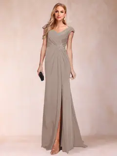 Sheath/Column V-Neck Ruched Mother of the Bride Dresses with Appliques & Split Side — view 38