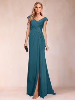 Sheath/Column V-Neck Ruched Mother of the Bride Dresses with Appliques & Split Side — view 39