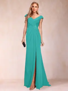 Sheath/Column V-Neck Ruched Mother of the Bride Dresses with Appliques & Split Side — view 40