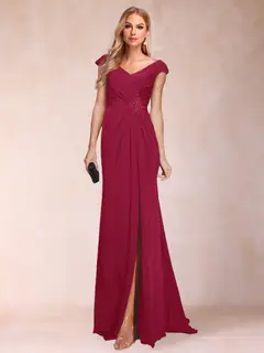 Sheath/Column V-Neck Ruched Mother of the Bride Dresses with Appliques & Split Side — view 42