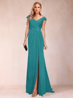 Sheath/Column V-Neck Ruched Mother of the Bride Dresses with Appliques & Split Side — view 44
