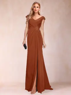 Sheath/Column V-Neck Ruched Mother of the Bride Dresses with Appliques & Split Side — view 45