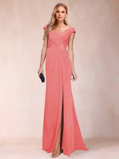 Sheath/Column V-Neck Ruched Mother of the Bride Dresses with Appliques & Split Side — view 46