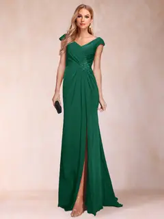 Sheath/Column V-Neck Ruched Mother of the Bride Dresses with Appliques & Split Side — view 47