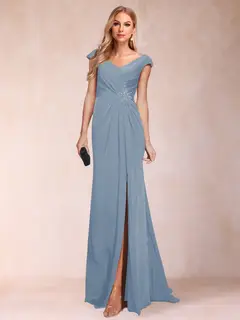 Sheath/Column V-Neck Ruched Mother of the Bride Dresses with Appliques & Split Side — view 48