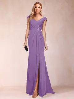 Sheath/Column V-Neck Ruched Mother of the Bride Dresses with Appliques & Split Side — view 49