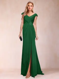 Sheath/Column V-Neck Ruched Mother of the Bride Dresses with Appliques & Split Side — view 50