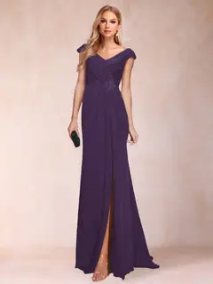 Sheath/Column V-Neck Ruched Mother of the Bride Dresses with Appliques & Split Side — view 52
