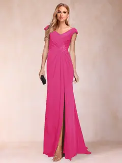 Sheath/Column V-Neck Ruched Mother of the Bride Dresses with Appliques & Split Side — view 54