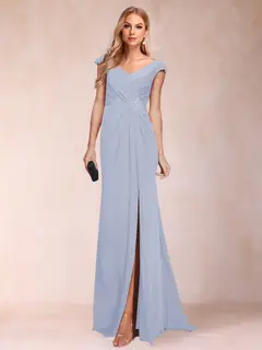 Sheath/Column V-Neck Ruched Mother of the Bride Dresses with Appliques & Split Side — view 55
