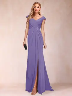 Sheath/Column V-Neck Ruched Mother of the Bride Dresses with Appliques & Split Side — view 56