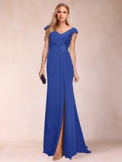 Sheath/Column V-Neck Ruched Mother of the Bride Dresses with Appliques & Split Side — view 57