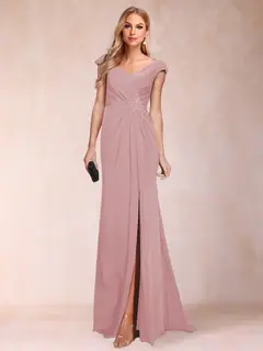 Sheath/Column V-Neck Ruched Mother of the Bride Dresses with Appliques & Split Side — view 58