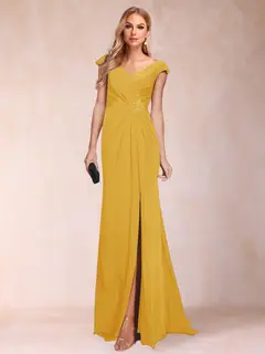 Sheath/Column V-Neck Ruched Mother of the Bride Dresses with Appliques & Split Side — view 59