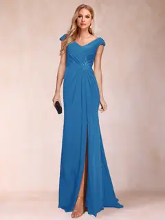 Sheath/Column V-Neck Ruched Mother of the Bride Dresses with Appliques & Split Side — view 61