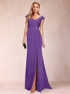 Sheath/Column V-Neck Ruched Mother of the Bride Dresses with Appliques & Split Side — view 66