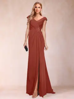 Sheath/Column V-Neck Ruched Mother of the Bride Dresses with Appliques & Split Side — view 67