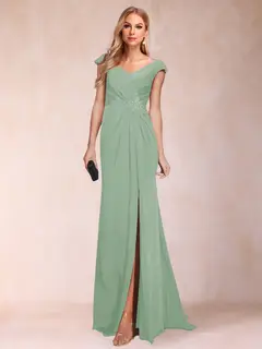 Sheath/Column V-Neck Ruched Mother of the Bride Dresses with Appliques & Split Side — view 68