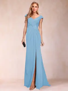 Sheath/Column V-Neck Ruched Mother of the Bride Dresses with Appliques & Split Side — view 69