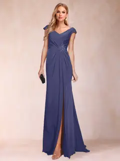 Sheath/Column V-Neck Ruched Mother of the Bride Dresses with Appliques & Split Side — view 71