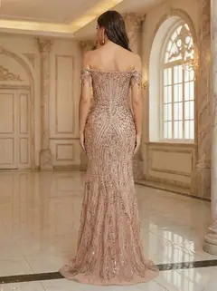 Trumpet/Mermaid Off the Shoulder Short Sleeves Prom Dresses with Sequins — view 2