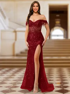 Trumpet/Mermaid Off the Shoulder Short Sleeves Prom Dresses with Sequins — view 6