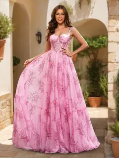 A-Line/Princess Straps Printed Floral Princess Dress Long Prom Dresses — view 1
