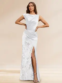 Sheath/Column Boat Neck Floor-Length Evening Dresses with Sequins & Split Side — view 8