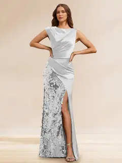 Sheath/Column Boat Neck Floor-Length Evening Dresses with Sequins & Split Side — view 17