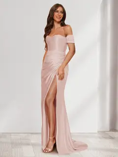 Sheath/Column One-Shoulder Sleeveless Sweep Train Evening Dresses with Split Side & Ruffles — view 4